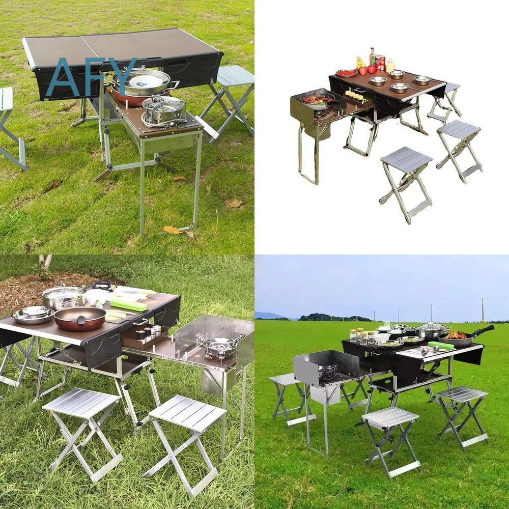 Camping Cooking Dining Set - รถพ่วงอาหารพับได้แบบพกพาสำหรับทำอาหารกลางแจ้ง ปิ้งย่าง บาร์บีคิว ปิกนิก แคมป์ปิ้ง พร้อมชุดโต๊ะเก้าอี้และครัวเคลื่อนที่