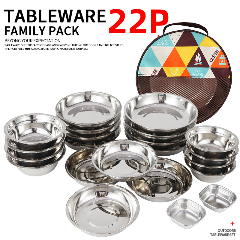 Camping Cooking Dining Set - ชุดจานชามพกพาสำหรับทำอาหารแคมป์ปิ้งใหม่ 22 ชิ้น ชุดเครื่องครัวแคมป์ปิ้งกลางแจ้ง จานบาร์บีคิวสำหรับเดินทาง ชุดหม้อซุป