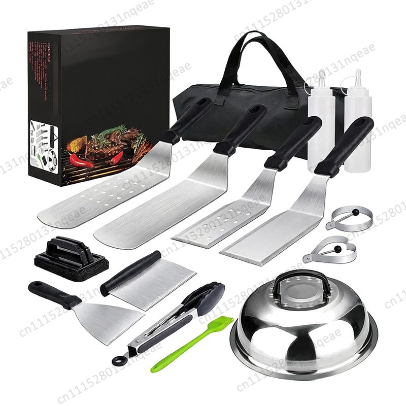 Camping Cooking Flat Top - ชุดอุปกรณ์เสริมสำหรับถาดปิ้งย่างแบบแบน, ชุดอุปกรณ์ทำอาหารบาร์บีคิวเทปปันยากิสำหรับใช้กลางแจ้งและตั้งแคมป์ 20 ชิ้น พร้อมกระเป๋าโท้ท